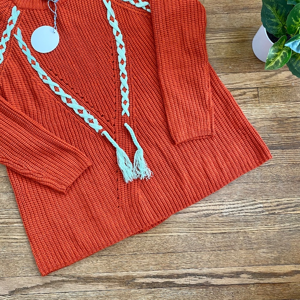 Hayden Orange Knit Sweater Boho Lace Up Detail Crewneck Pullover - Picture 8 of 10